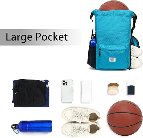 Miniatura 3 de FUXINGYAO Mochila deportiva con cordón y compartimento para zapatos, mochila de cuerda para mujeres y hombres (negro), Azulclaro, Sencillo y fácil