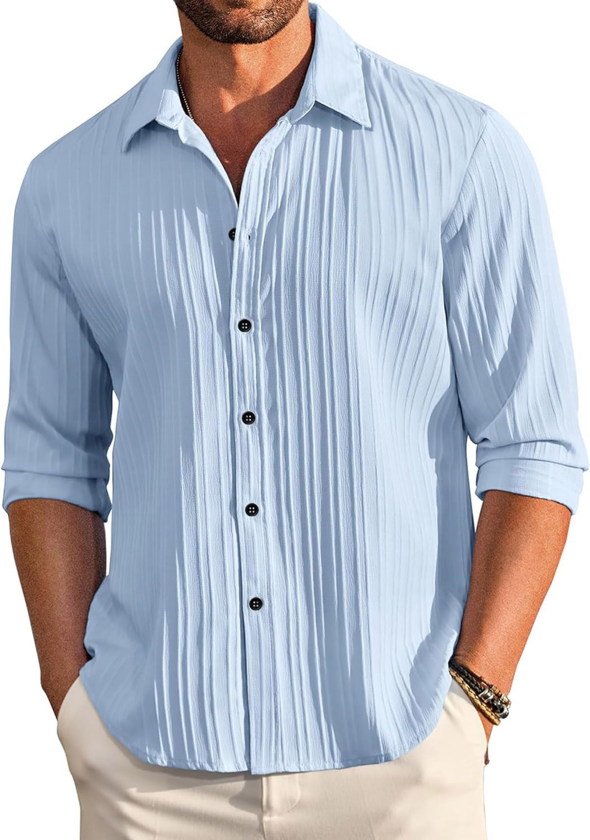 DEELMO Men's Casual Button Down Shirts Long Sleeve Linen Shirt Fashion Textured Beach Summer Shirt Sky Blue