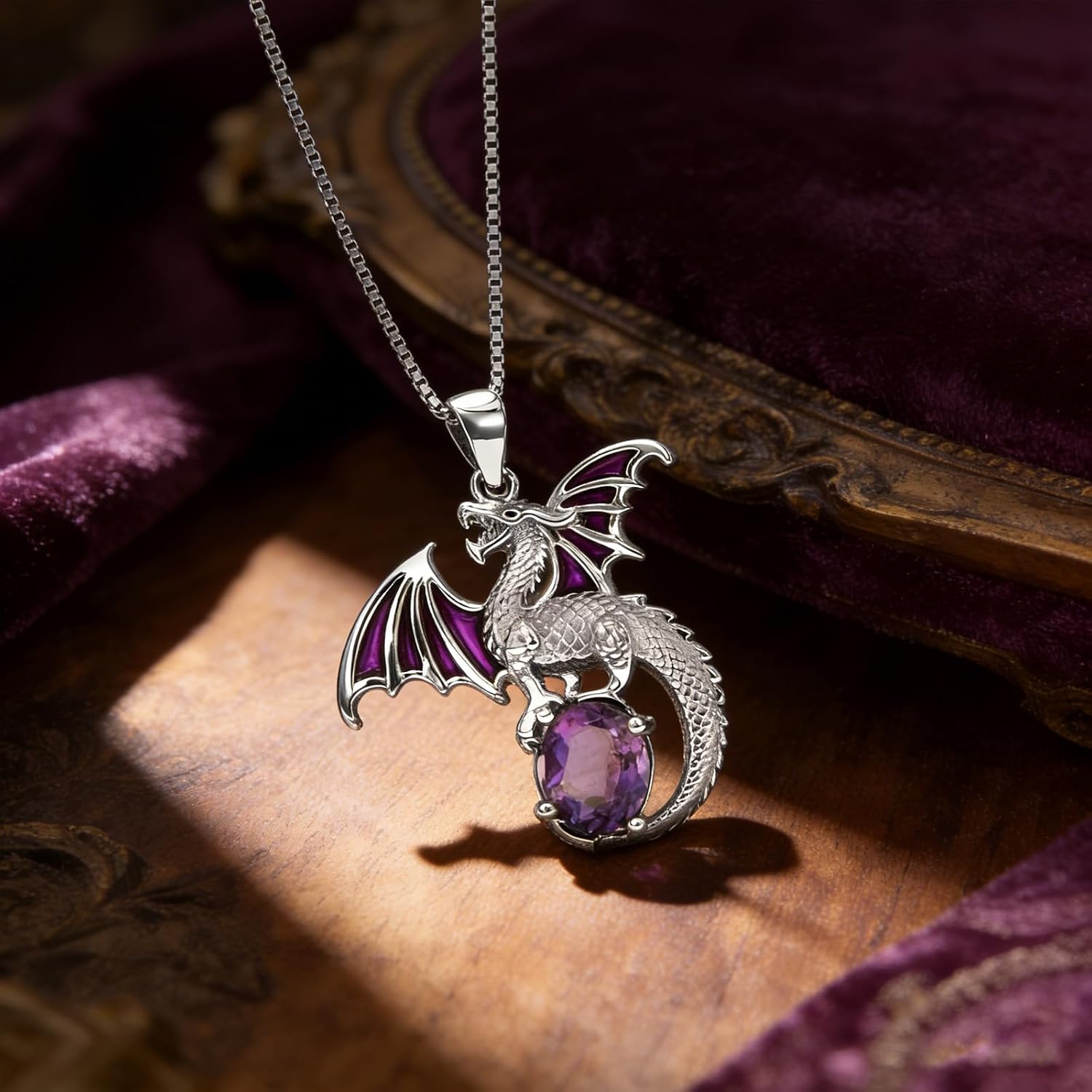 Women's Dragon Amethyst Pendant Necklace 925 Sterling Silver, Mystical Gothic Crystal Jewelry Gift for Her