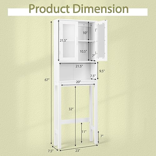 Miniatura 3 de Tangkula Armario de almacenamiento sobre el inodoro, organizador de baño independiente con puertas de vidrio templado dobles y estante ajustable,