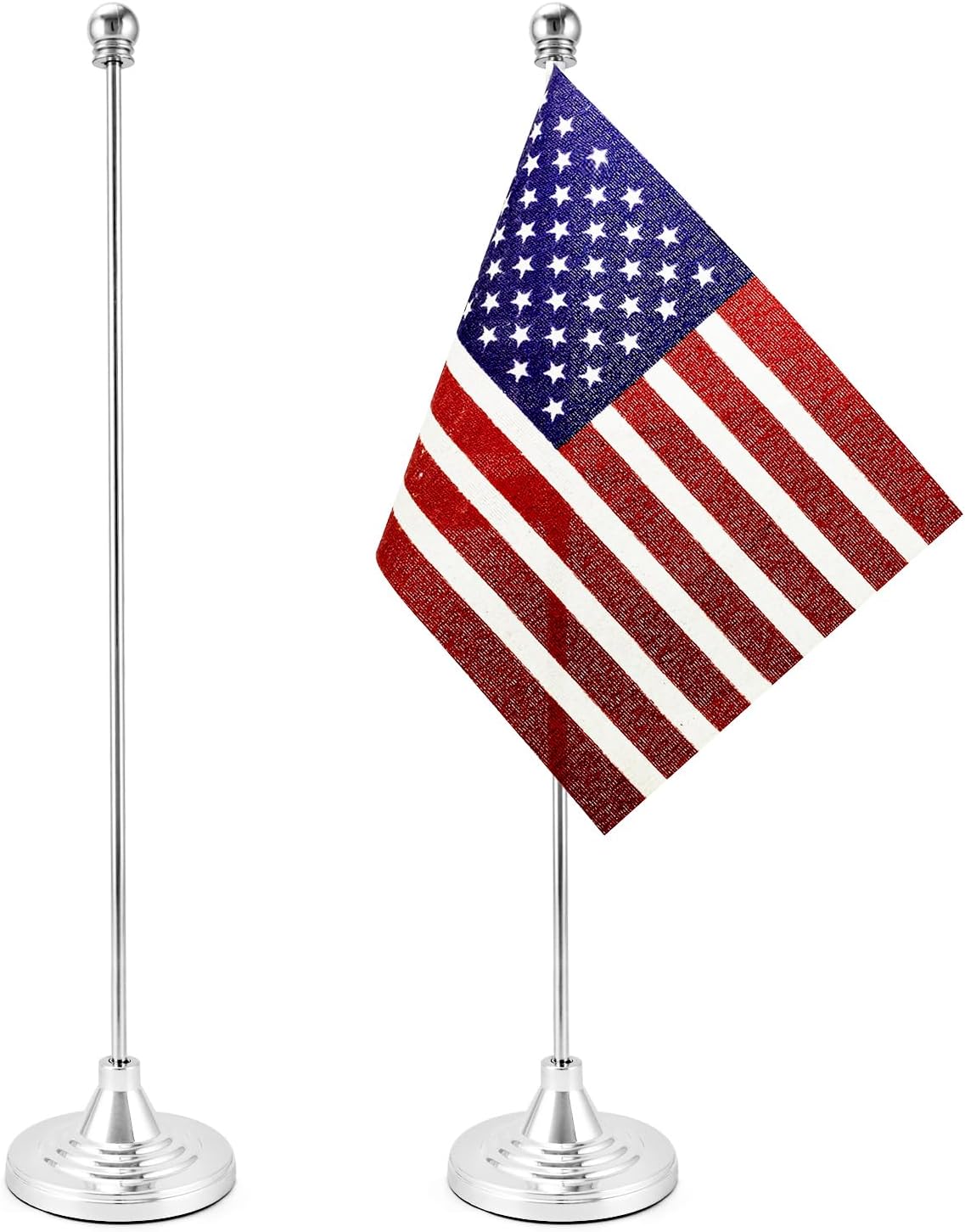 QWORK American Desk Flag - Polyester & Sleek Metal Rod, 2 Pack USA Table Flags, Office Flag