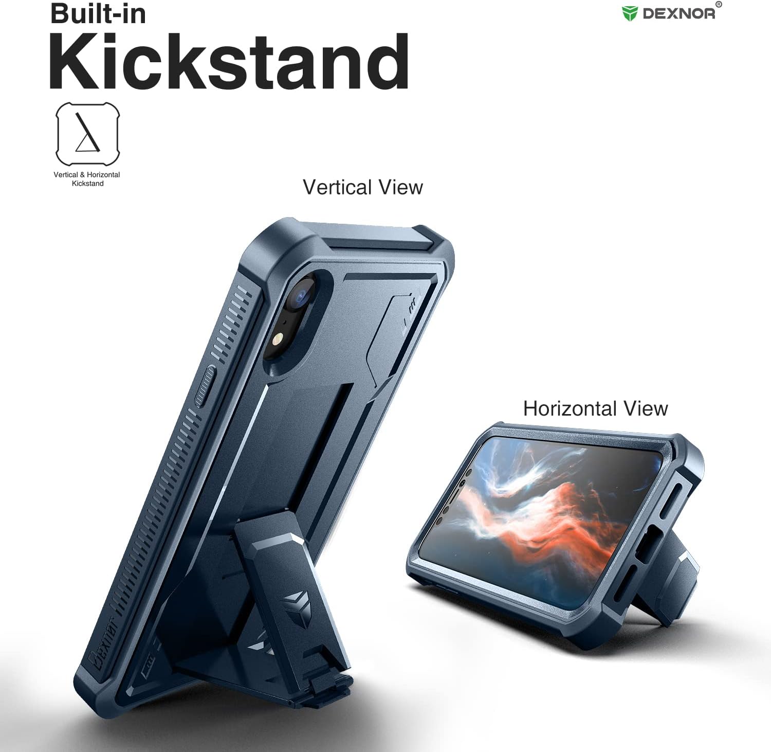 Dexnor for iPhone XR Case, [Built in Screen Protector and Kickstand] Heavy Duty Military Grade Protection Shockproof Protective Cover for iPhone XR Navy Blue