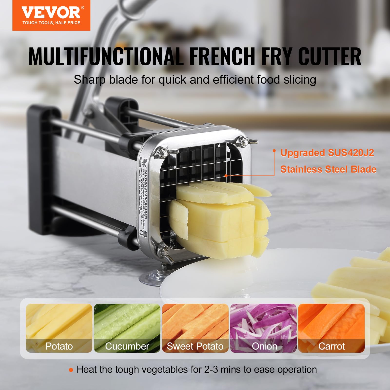 VEVOR Coupe-Frites Manuel, Coupe-Légumes Multifonction avec Lame en Acier Inoxydable de 12,7 mm et 9,5 mm, Trancheuse de Pommes de Terre avec Ventouses, pour Concombres, Carottes, Restaurant, Cuisine