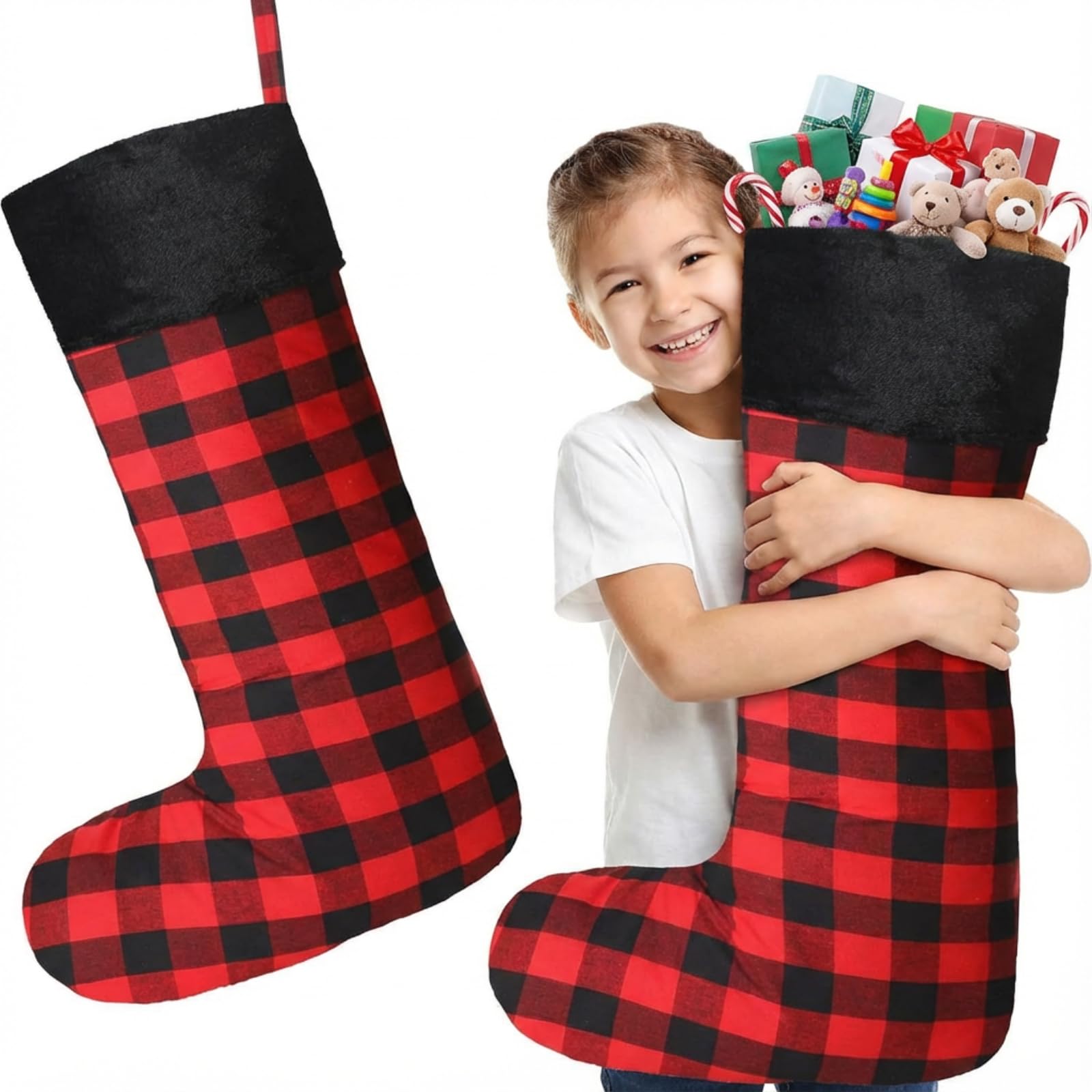Seematn 2 Pcs 43 Inches Jumbo Christmas Stockings Extra Large Big Giant Buffalo Plaid Stockings Black Red Oversized Xmas Stocking Huge Stocking for Family Christmas Party Holiday Decor(Black Plush)