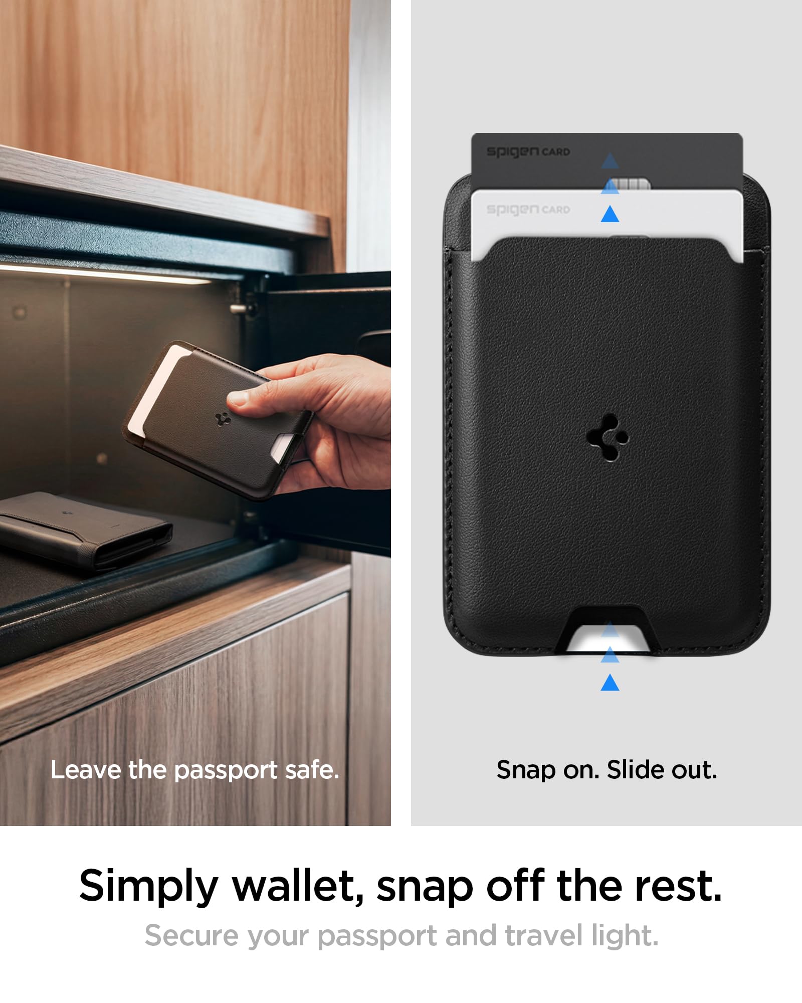 Spigen Life KD502 Porta Passaporto Magnetico con Tasca Portacarte Rimovibile MagSafe, Doppia Custodia per Passaporto con Protezione RFID, Slot per Scheda SIM e Moschettone - Nero