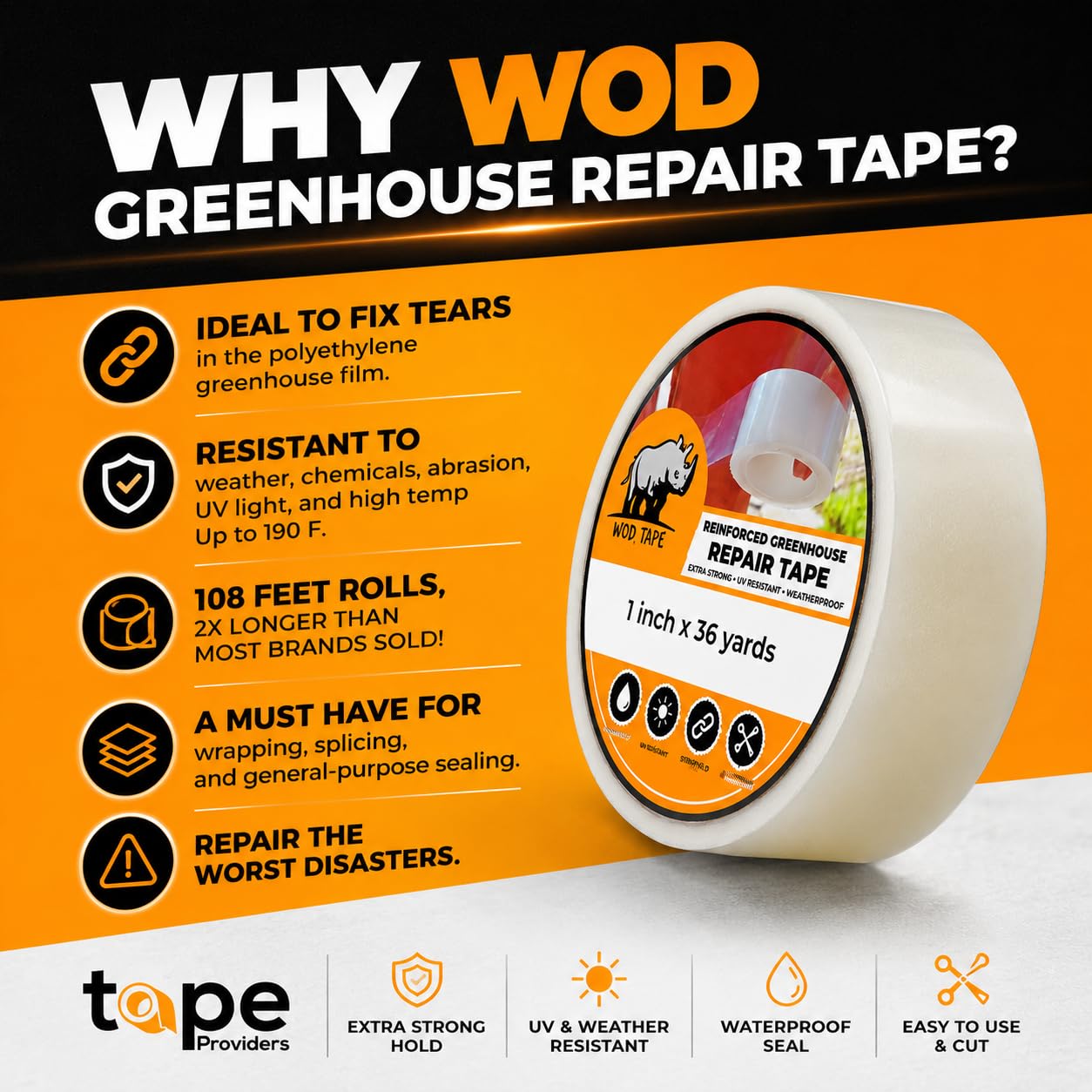 WOD Vapor Barrier & Greenhouse Repair Tape – 3 Inch x 108 Ft Black Polyethylene Film, UV-Resistant, Waterproof Seam Tape for Crawl Space, RV, Marine, and Agriculture Applications