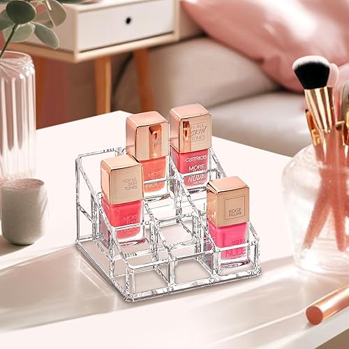 Miniatura 2 de Amazing Abby - Glamour - Organizador de esmalte de uñas acrílico de 9 ranuras, soporte para lápiz labial, organizador de brillo de labios,