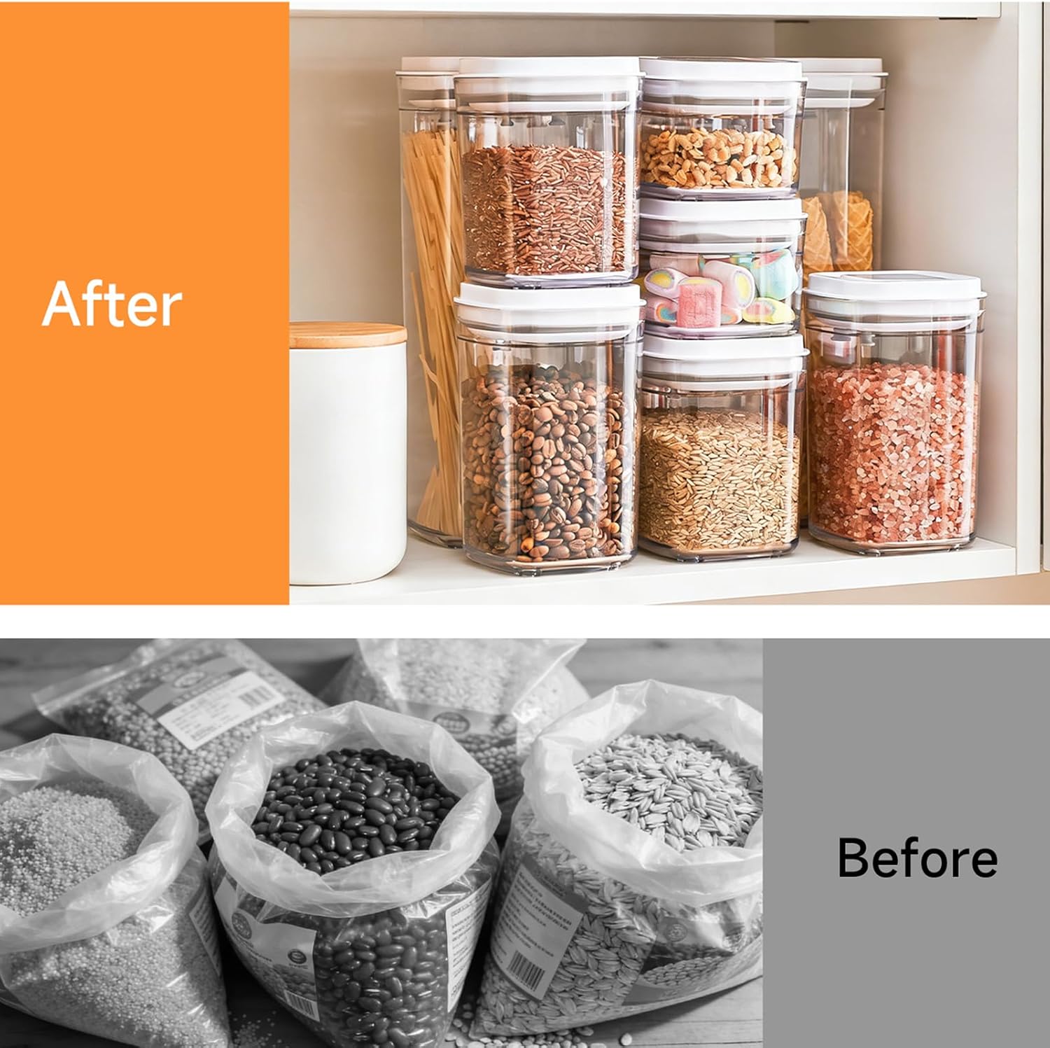 Rice Dispenser 11Lbs, Slim Rice Storage Container for Small Space and 4Pcs Airtight Cereal Storage Organizer Canisters with Pop Lids