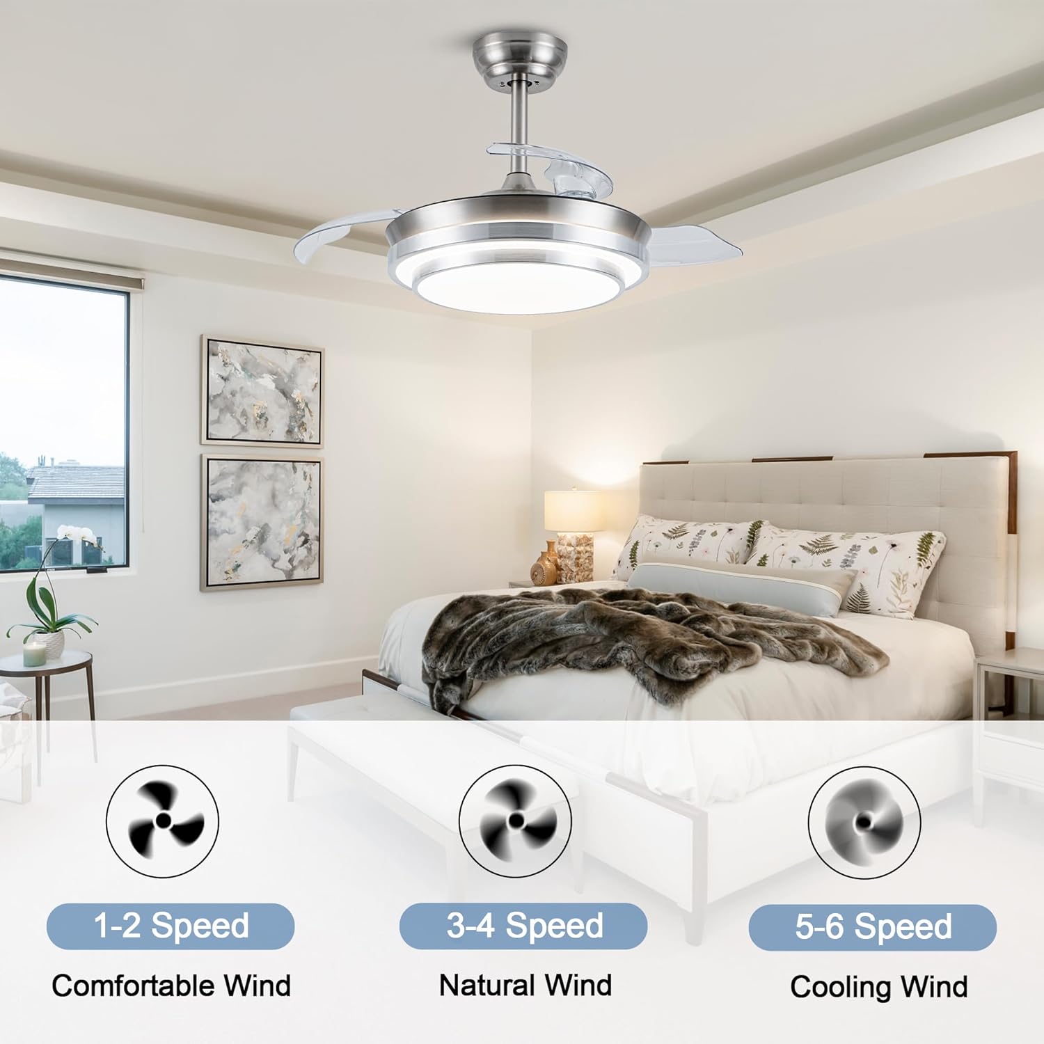 36" Retractable Ceiling Fan with Lights and Remote, Modern Fandelier Ceiling Fan Chandelier LED Light for Bedroom Living Room, Brush Nickel 3CCT Dimmable Reversible DC Motor 6 Speeds