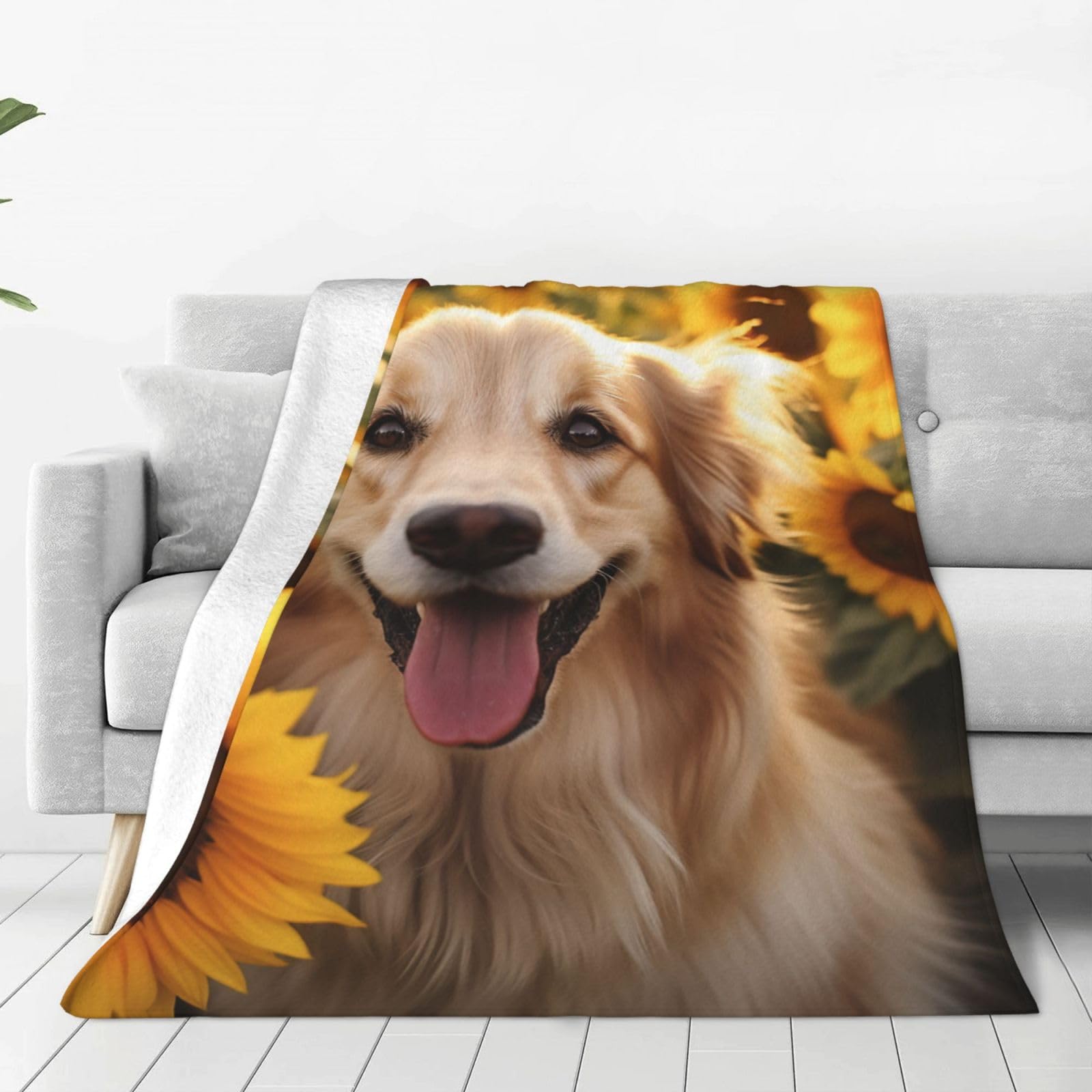 Couverture en flanelle de microfibre motif chien et tournesol plaid canapé léger 152x127 cm