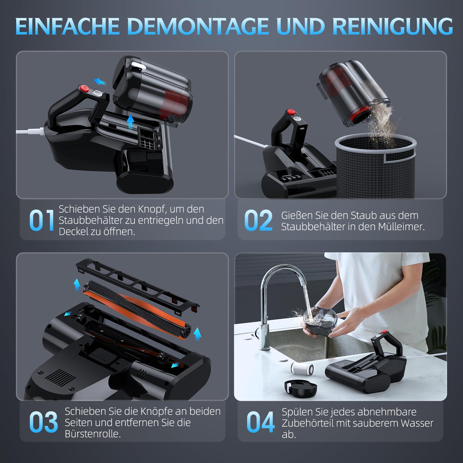 Milbensauger für Matratzen 253.7nm UV-C Licht 16Kpa HEPA Filter 40000 RPM Bürstenrolle 600W Kabel