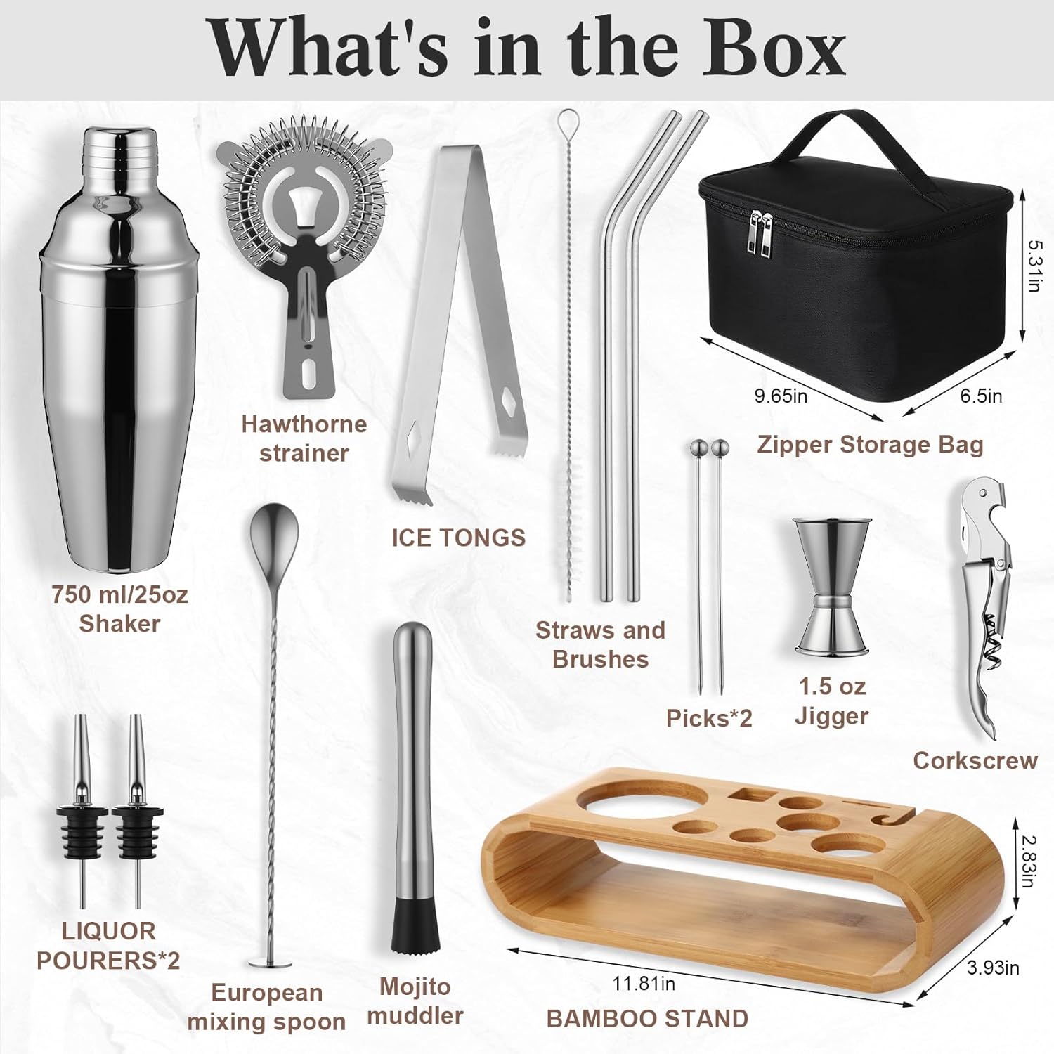 Bartender Kit Bag with Stand Portable Cocktail Shaker Set, 17 Pcs 25oz Stainless Steel Barware Kit with Jigger, Strainer, Spoon, Ice Tongs, Gift for Cocktail Lover Travel
