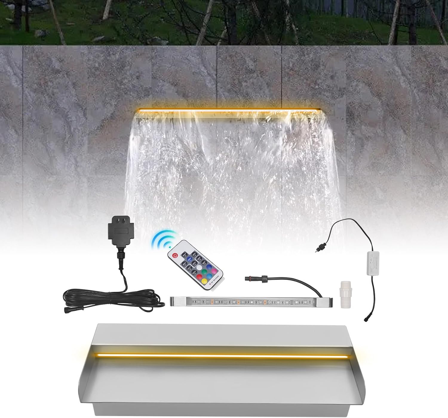 Waterfall Spillway Pool Fountai, Stainless Steel LED Light Outdoor Pool Fountain, Acrylic Pond Fountain Set for Outdoor Decorations, Patio Waterfall Spillway, Swimming Pool,12Inch