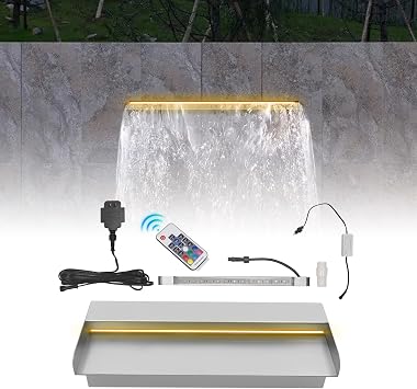 Waterfall Spillway Pool Fountai, Stainless Steel LED Light Outdoor Pool Fountain, Acrylic Pond Fountain Set for Outdoor Decorations, Patio Waterfall Spillway, Swimming Pool,12Inch