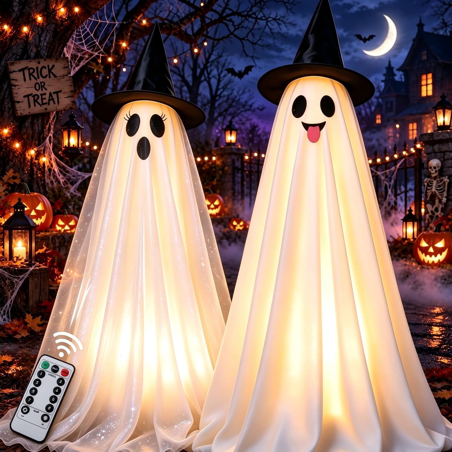 Halloween Decorations Outdoor & Indoor Decor - 2 Pack 59-inch Remote Control Spooky Ghost String Lights with Witch Hats, Halloween Lights for Porch, Yards, Patio, Garden Lawn, Party