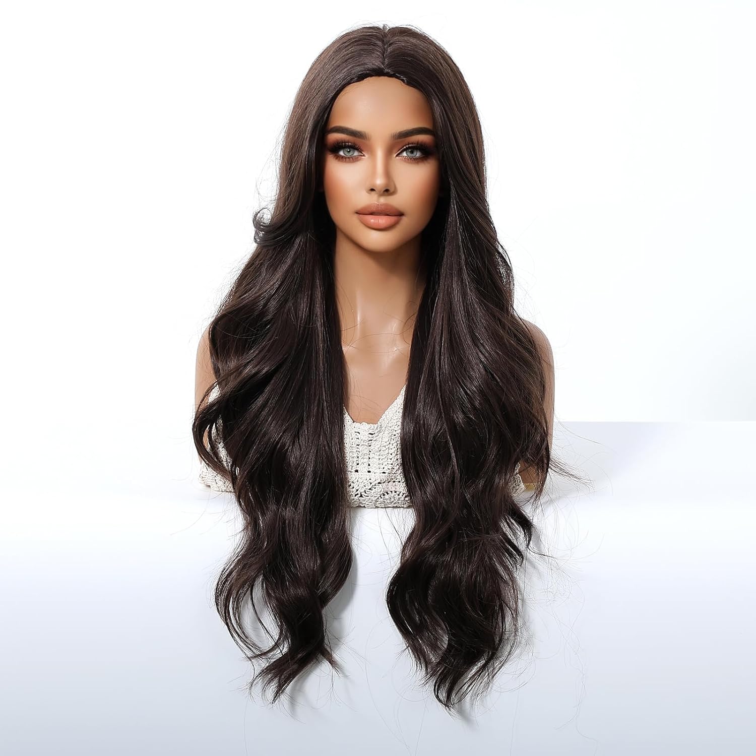 Long Wavy Glueless Wigs for White Women Body Wave Wig Natural Looking Soft Synthetic Hair Replacment Wig for Daily Wear/Party Cosplay Beginner Friendly Wear Go (Dark Brown, 28 Inch)