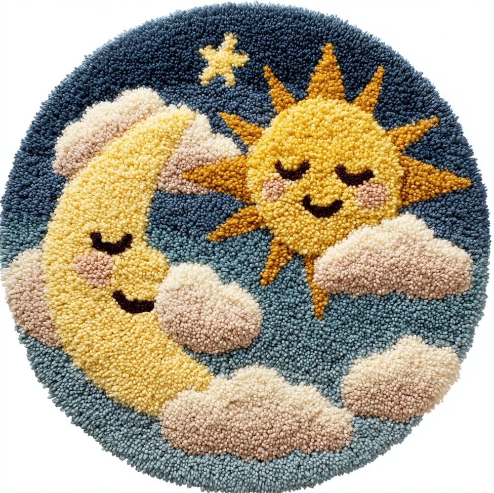 kitphoenix Latch Hook Rug Set,Smiling Star and Moon Knotted Carpet 50X50Cm, Rugs Cross Stitch Embroidery, DIY Handmade Latch Hook Rug Making Tool Kit