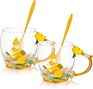 Tioncy 2 Sets Christmas Tea Cup Gifts for Women Mom Stocking Stuffers for Women Christmas Enamels Butterfly Flower Tea Cup Fancy Rose Glass Coffee Mug with Spoon Birthday Nurse Thanksgiving(Yellow)