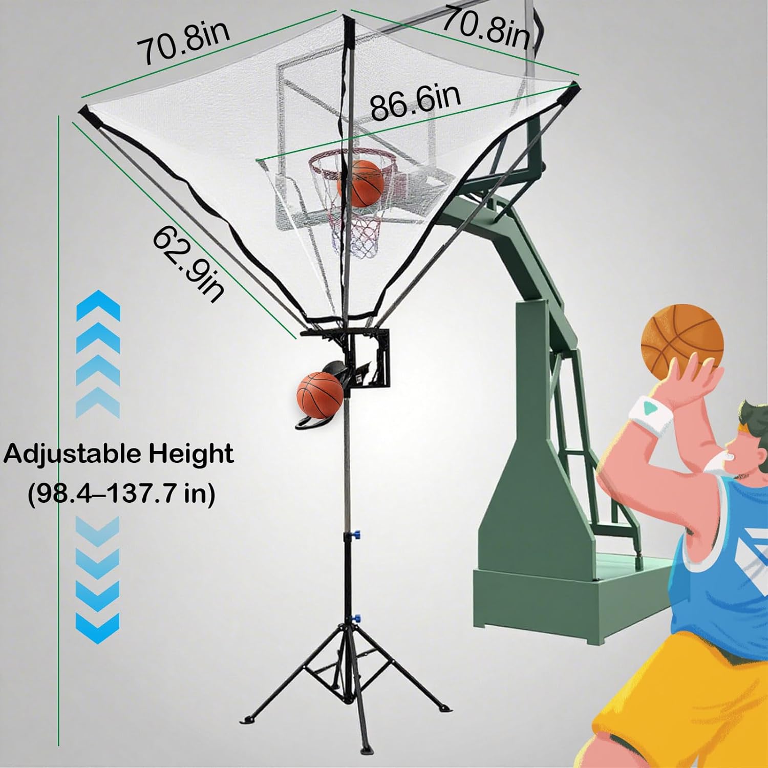 Basketball Rebounder with 180° Rotating Track, Adjustable Height Basketball Shooting Trainerr with Net Return System for Efficient Training, for Indoor & Outdoor Use, Easy Assembly & Storage (Black)