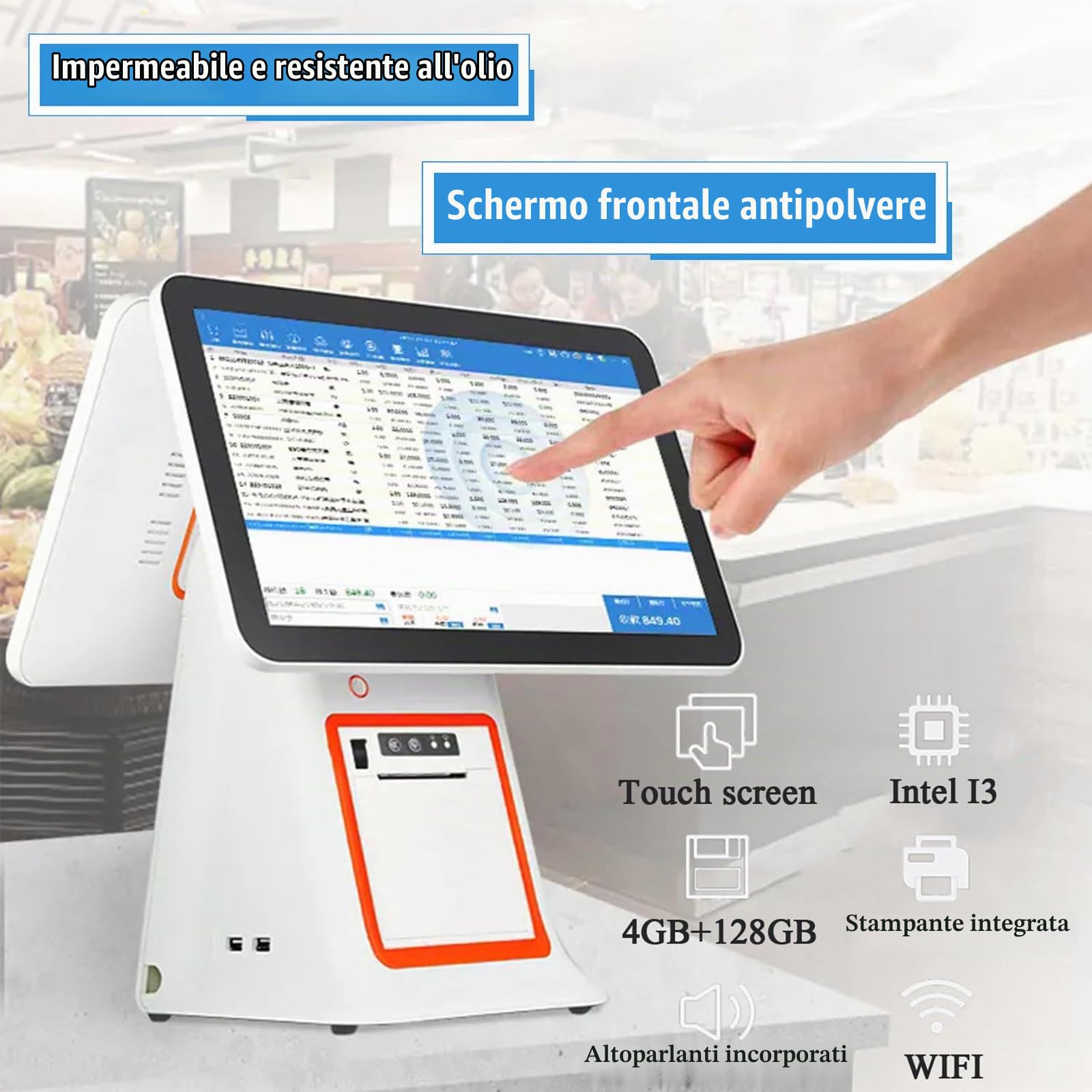 Registratore di Cassa Doppio Schermo Touch 15.6", 15 CPU, 8G RAM, 128G SSD, Cassa Touch Screen per Gestione Negozio, Bar, Ristorante, supermercato, minimarket, Catering Black