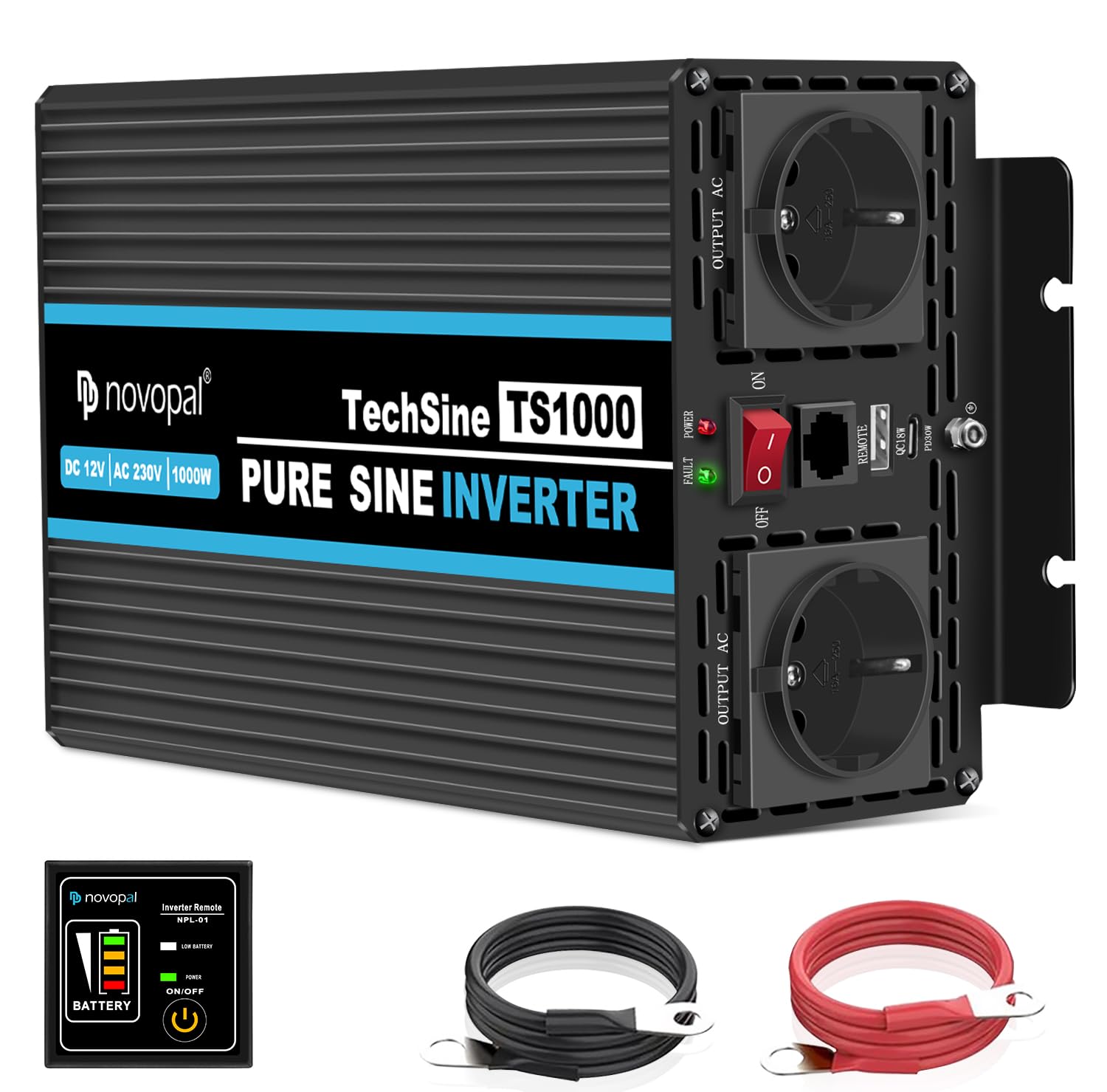 novopal 1000W Wechselrichter Reiner Sinus mit 12v auf 230v Spannungswandler 2 EU Steckdose und QC18W+PD 30W-inkl. 5 Meter Fernsteuerung - Spitzenleistung 2000 Watt