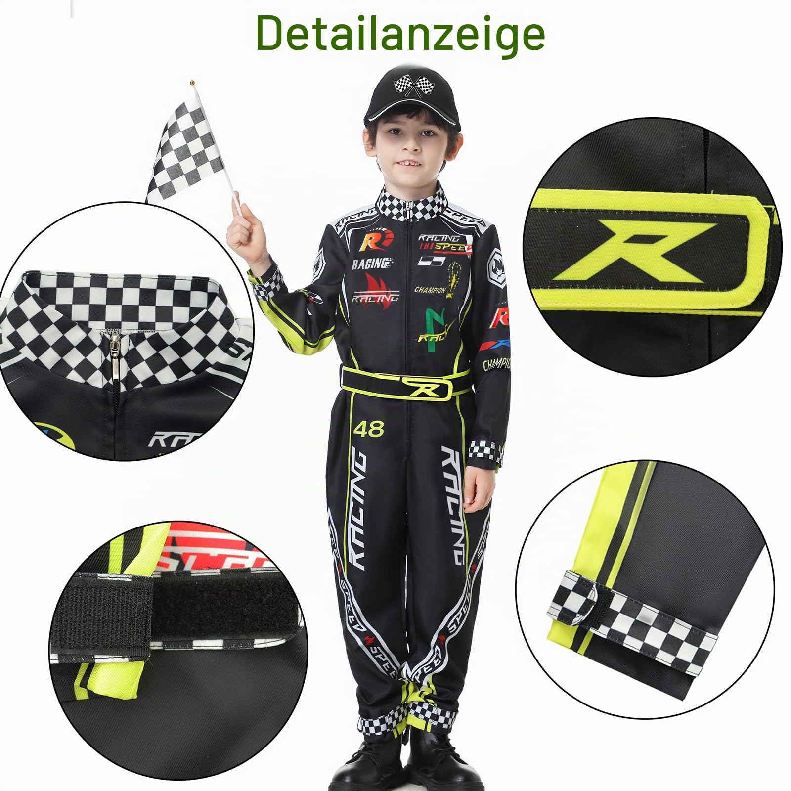 Rennwagenfahrer Kostüm Jungen Racer Overall mit Auto Kappe Kinder verkleiden sich für Halloween (Schwarz, 130)