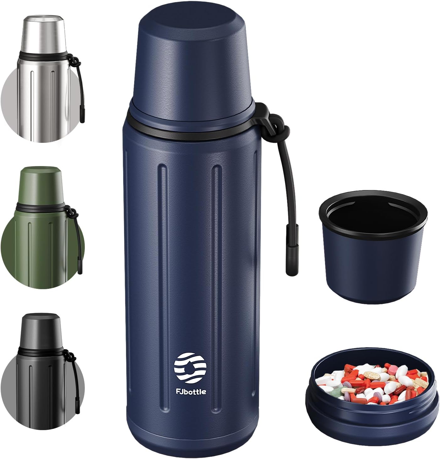 Insulated Stainless Steel Water Bottle 34 oz, 72/48H hot and cold bottle | Storage Base + Tea Filter, BPA-Free, Dishwasher Safe, Leakproof | for Gym, Camping, Christmas Gift (Navy Blue)