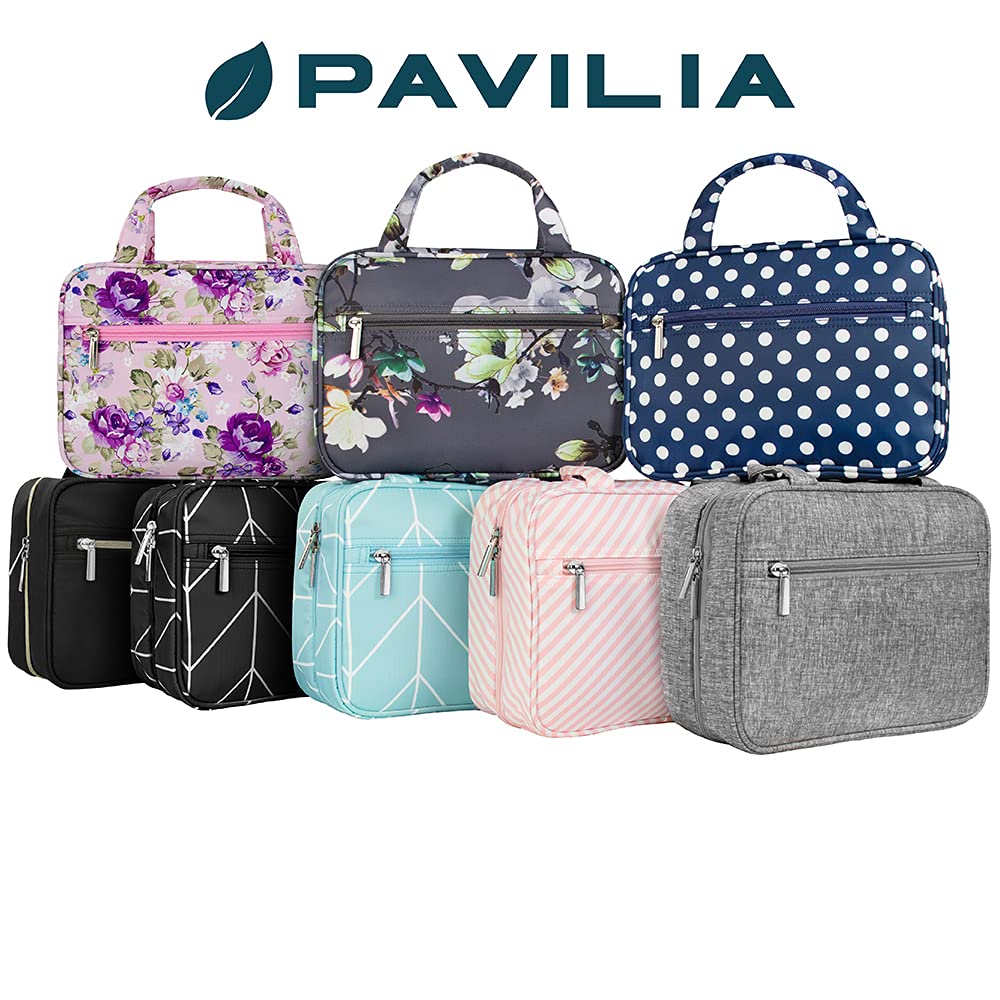 PAVILIA Neceser colgante de viaje para mujeres y hombres, organizador de cosméticos plegable, resistente al agua, accesorios de tocador, kit de artículos de tocador grande, Negro (Chevron), Talla