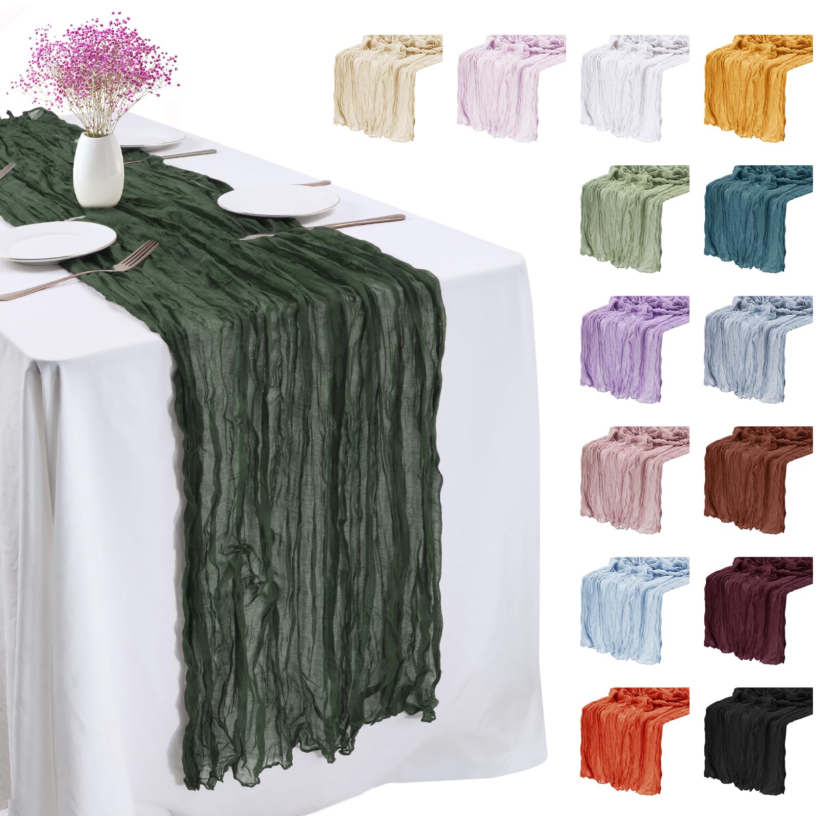 LEREATI 3 Pack Dark Green Cheesecloth Table Runner 90cm x 400cm Chiffon Gauze Fabric Sheer Cheese Cloth Table Runner for Dresser Birthday Wedding Dining Room Summer Boho Decoration