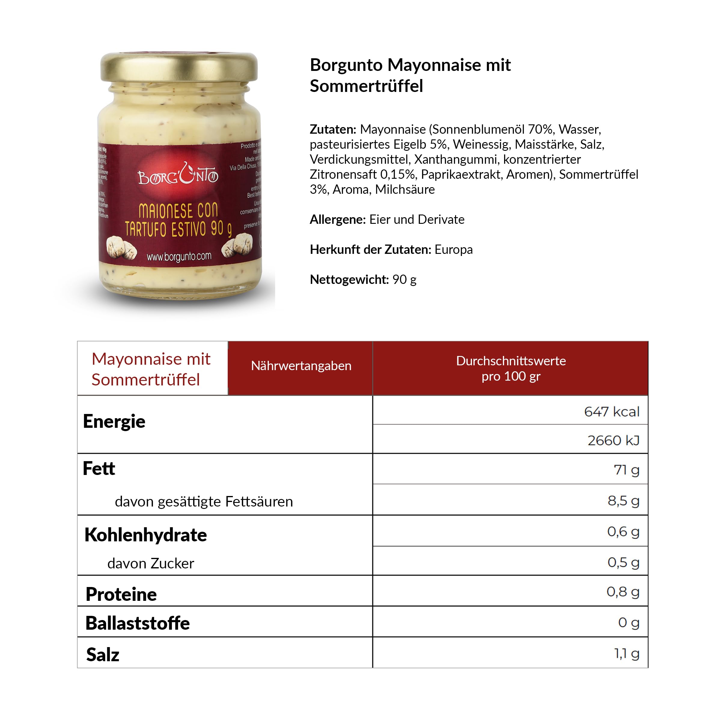 Borgunto® SOMMERTRÜFFEL-MAYONNAISE 36x90g – 3% Tuber Aestivum Vitt • Glutenfrei, ohne Konservierungsstoffe und Farbstoffe