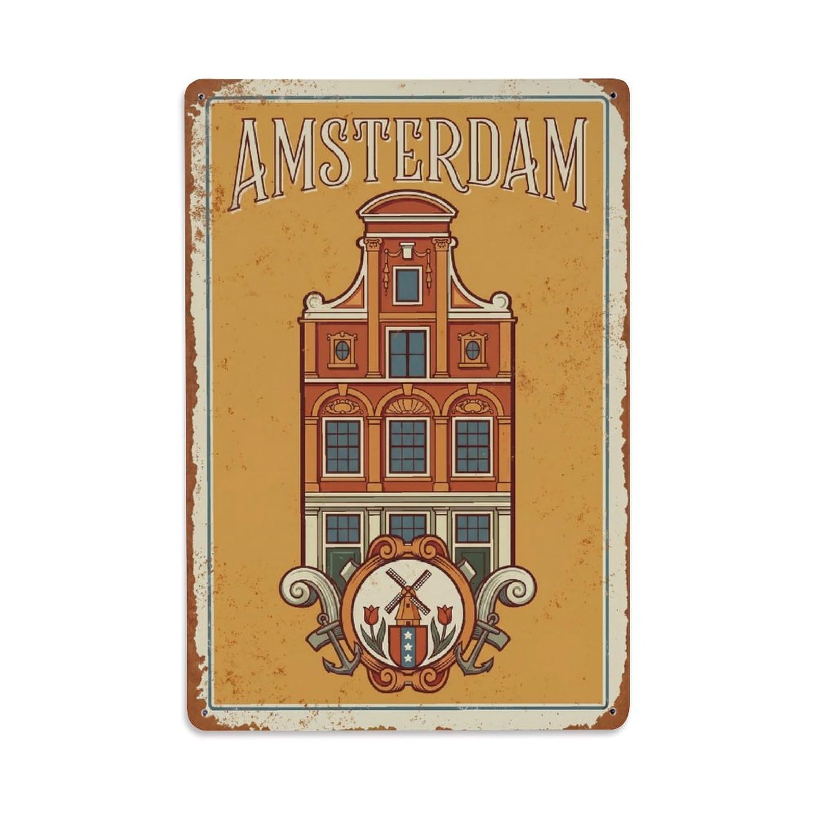Okngb Style Emblem Historic Amsterdam Vintage Architecture Tourism Metal Tin Sign Plaque Wall Decor For Cafe, Man Cave, Club Bar, Office, Home Garden Round Metal Poster 8X12inch