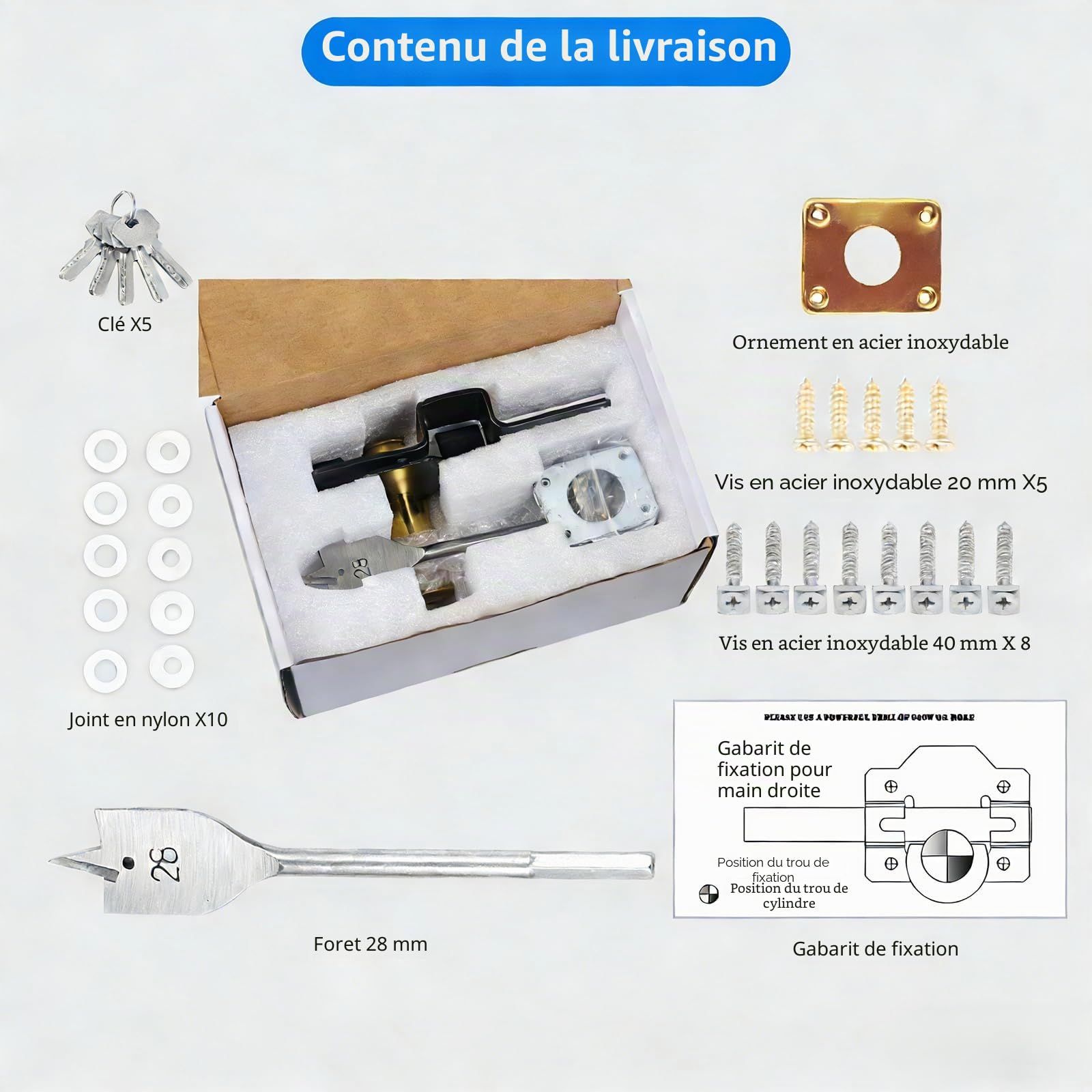 Mortrise Lock, serrure de porte à longue tirage pour porte en bois, serrure double face, convient pour porte de 50 mm d'épaisseur, 5 clés