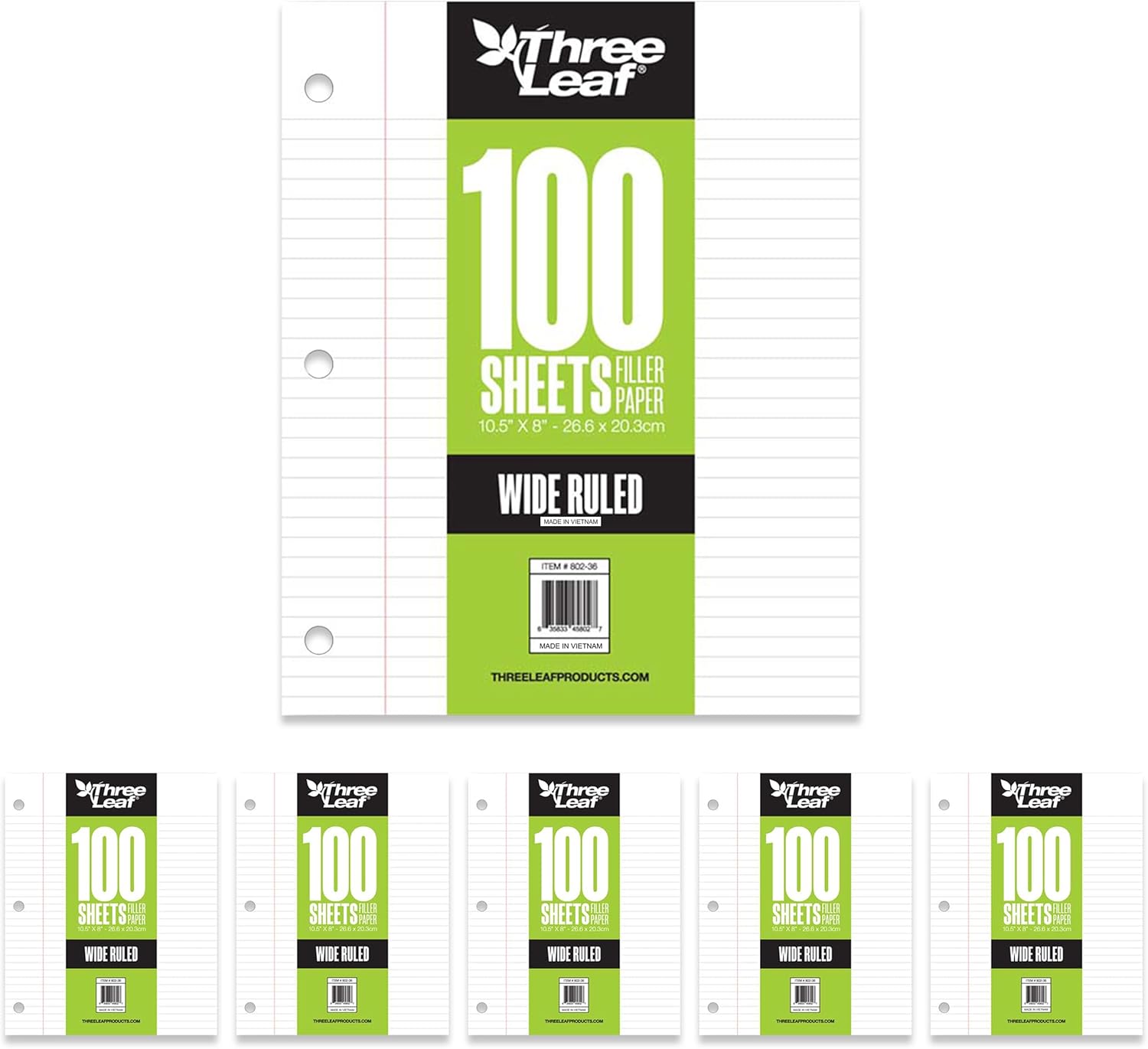 THREE LEAF 100 SHEETS WIDE RULED FILLER PAPER, PACK OF 36, LOOSE-LEAF SHEETS FOR SCHOOL AND OFFICE 100 CT. FILLER PAPER, NOTEBOOK PAPER