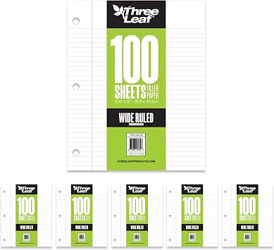 100 SHEETS WIDE RULED FILLER PAPER, PACK OF 6, LOOSE-LEAF SHEETS FOR SCHOOL AND OFFICE 100 CT. FILLER PAPER, NOTEBOOK PAPER