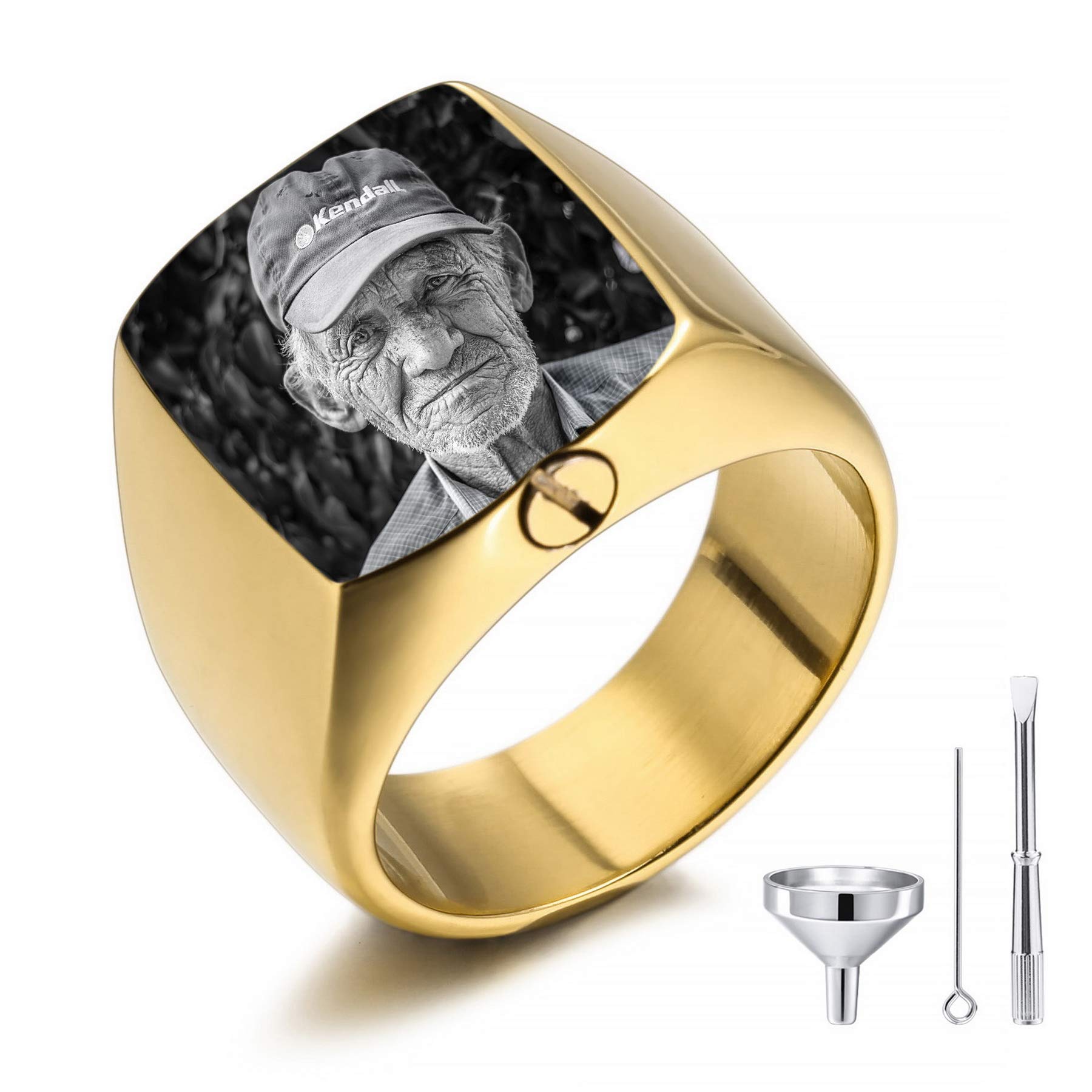 MeMeDIY Personalized Cremation Urn Ring Signet Ring Engraving Name/Text/Motto Stainless Steel Memorial Ashes Holder Keepsake for Women Men Pet with Funnel Kit Ring Size Adjusters (Gold Size T)