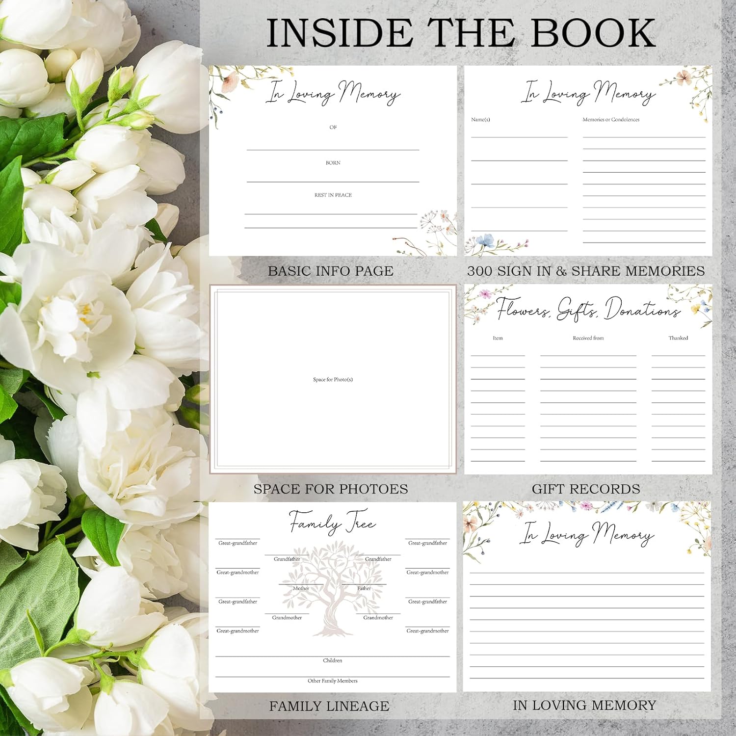 Hunanyume Funeral Guest Book for Memorial Service, in Loving Memory Guest Book with Gold Pen Please Sign Table Card, Wild Floral Funeral Sign in Book for Guests (7" x 9")