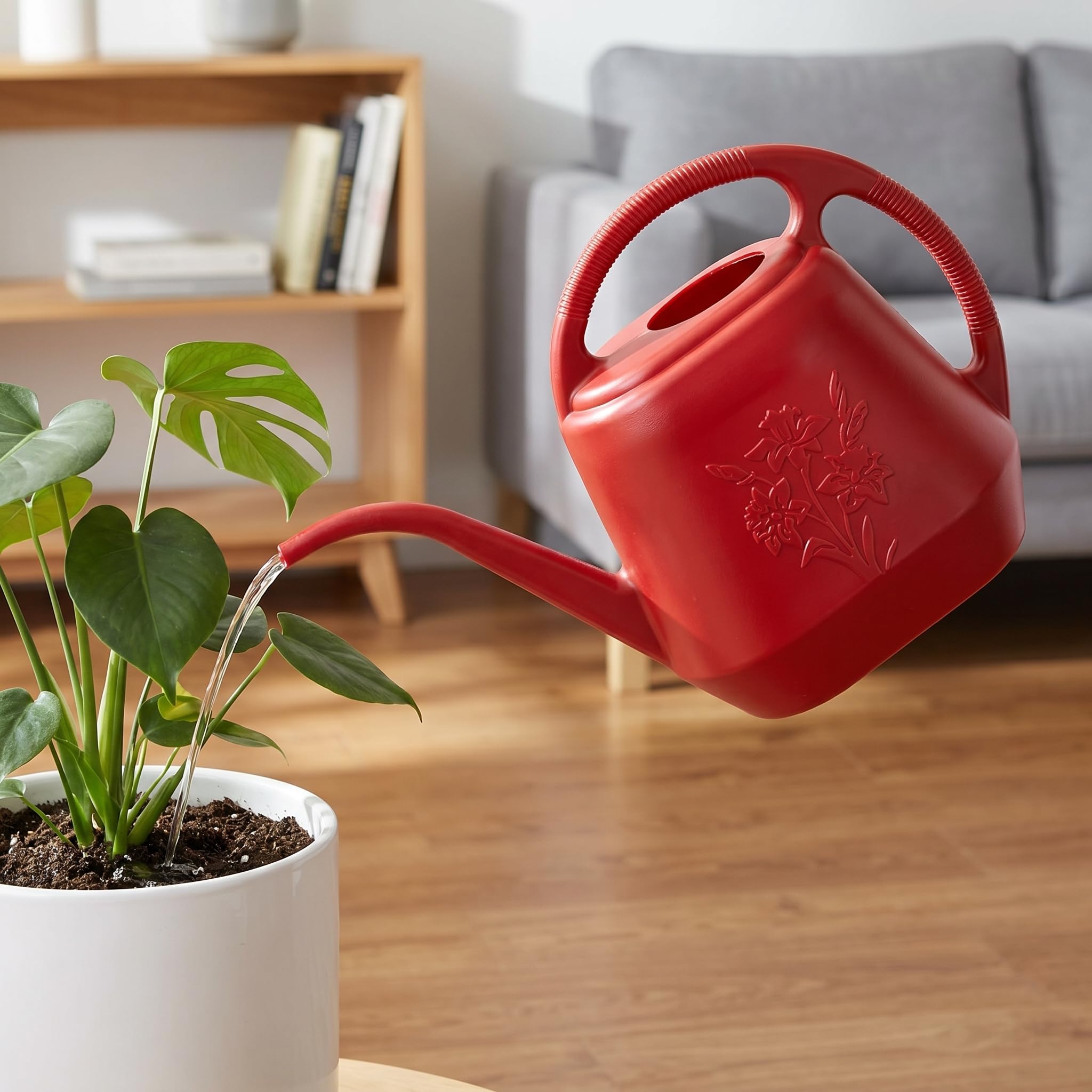Fasmov Arrosoir en plastique de 3,8 l avec poignée confortable, arrosoir de jardin à long bec pour arroser les plantes, rouge brûlé