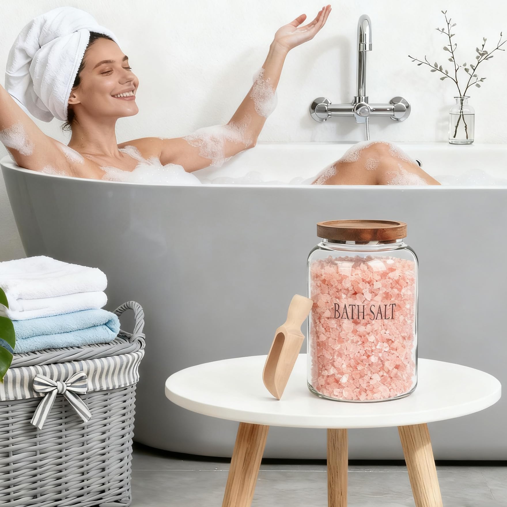 Klmnop Badesalz-Glasbehälter mit Holzdeckel und Schaufel, groß, luftdicht, Badesalzbehälter, Badezimmer-Aufbewahrungsbehälter für Frauen, Badewannendekoration (transparent)