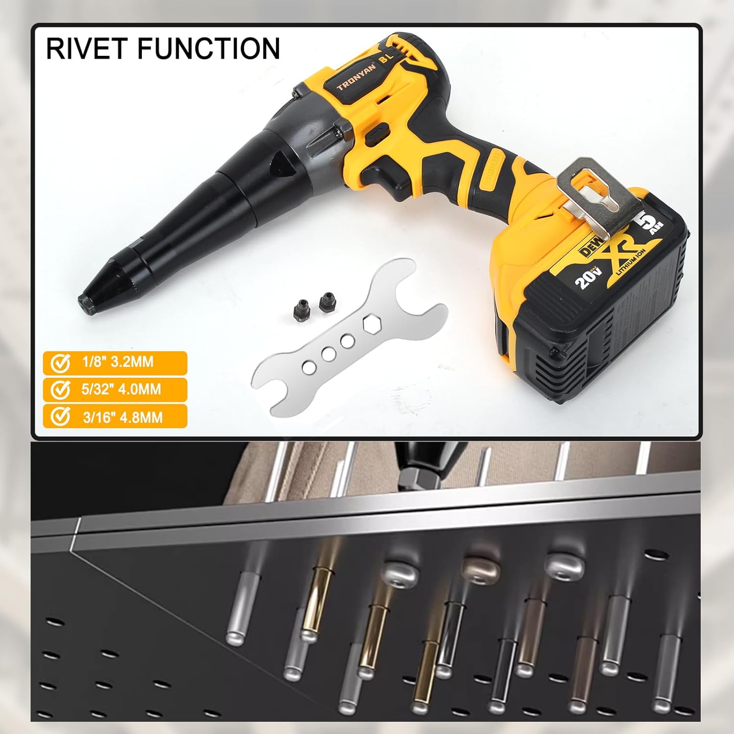 Electric Rivet Tool, Cordless Brushless Rivet Gun for 1/8", 5/32", 3/16" Rivets, Compatible with DeWalt 20V Max Battery (Bare Tool)