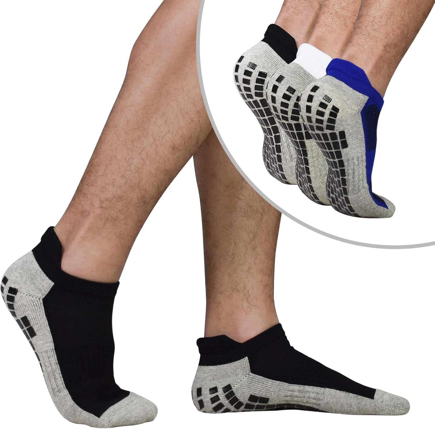 Men's Non Slip Socks 3 Pairs Size 8-11 Non Skid Sticky Grip Thick Anti-Skid Pilates Yoga Socks Hospital Slipper House Socks (Black+white+navy blue) : Clothing, Shoes & Jewelry
