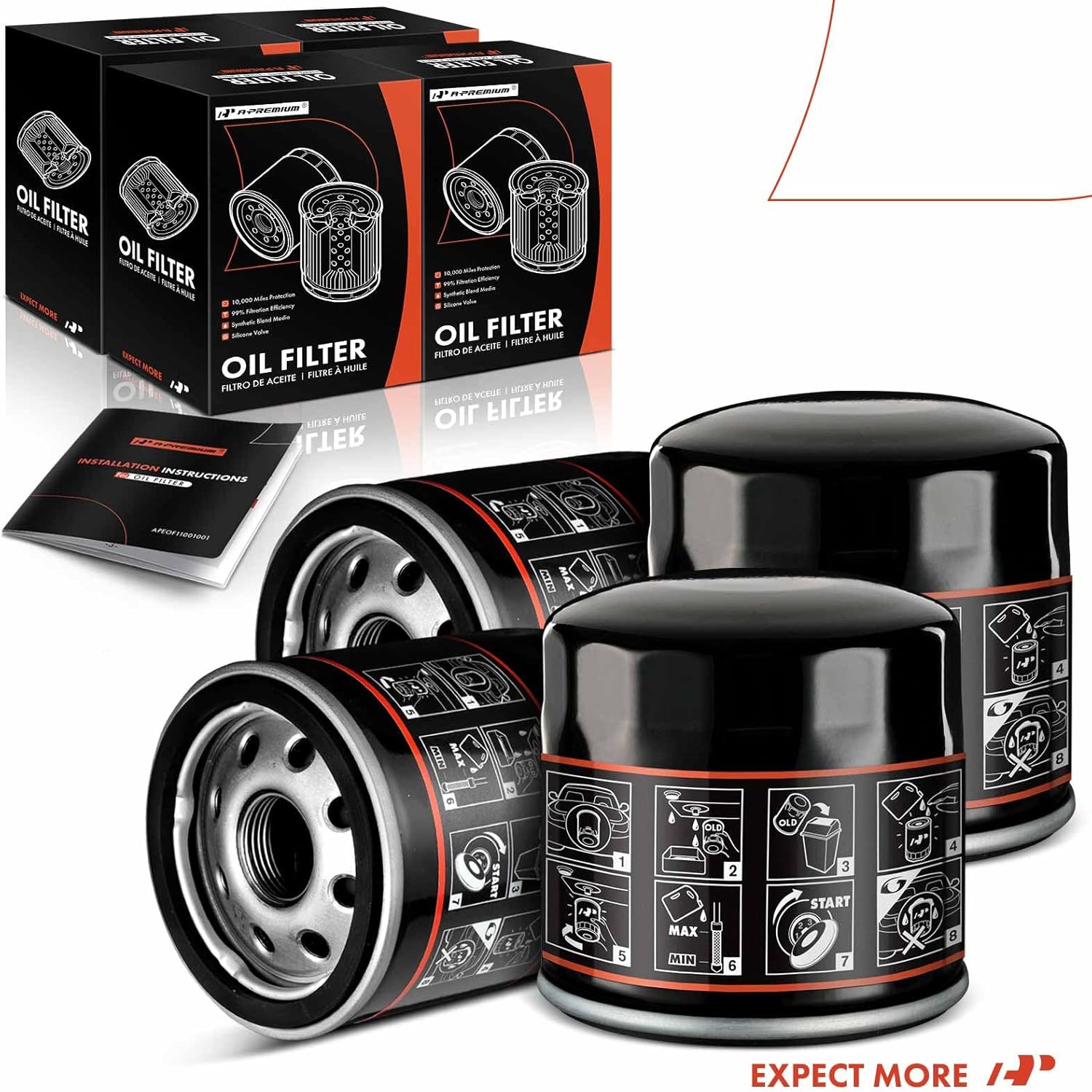 A-Premium 4-PC 10K Miles Protection Spin On Oil Filter Compatible with Ford & Chevrolet HD & Cadillac & Jeep & Mazda & Dodge & Cadillac & Lincoln & Chrysler & Ram & Land Rover & Mazda & Mercury & Ram