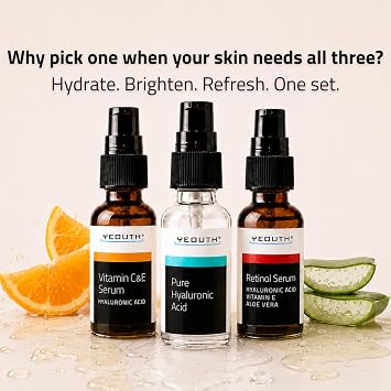 YEOUTH Pure Hyaluronic Acid Serum + Vitamin C Serum + Retinol Serum, Retinol Serum for Face + Vitamin c Serum for Face + Hyaluronic Acid Serum, Popular Rankkin Skin Care Gift Set 3x1 fl Oz