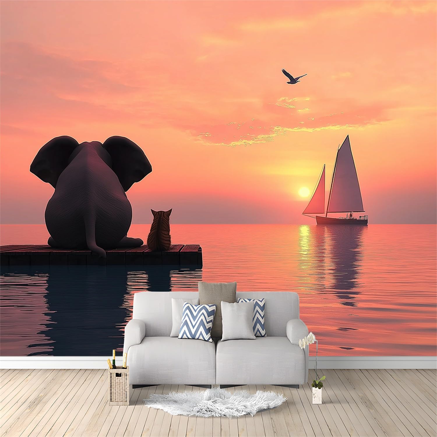 3D Wall Mural Orange Color Landscape Elephants Sunset Print Photo Wallpaper, Non-Woven Wall Mural Decoration Poster Picture Design Modern 250 x 175 cm (W x H) Murals for Living Room Kids Bedroom