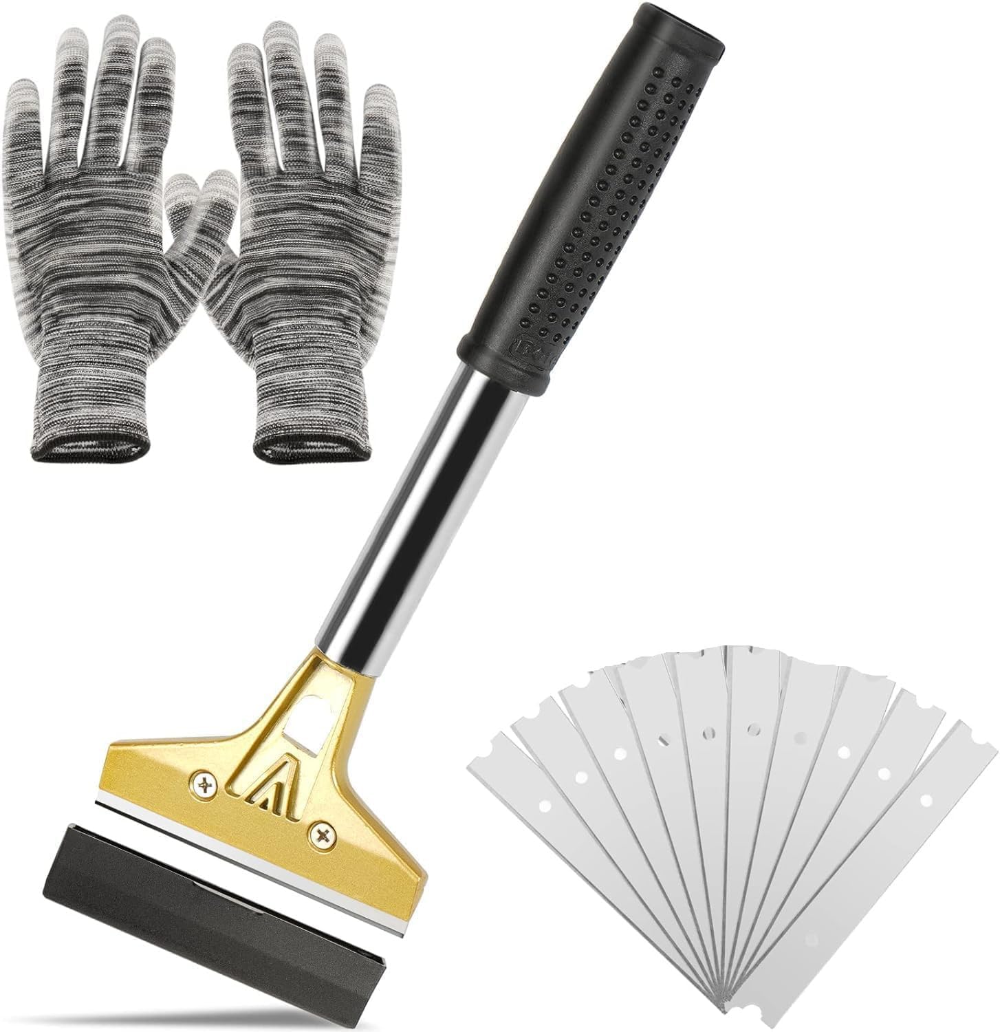 BEETO Blade Scraper, Tile Scraper Tool, 4 In Metal Floor Scraper, with 10PCS Extra Metal Blades, Long Handle Paint Scraper, for Cleaning Stove Top, Windows, Glass, Tiles, Wall, Labels