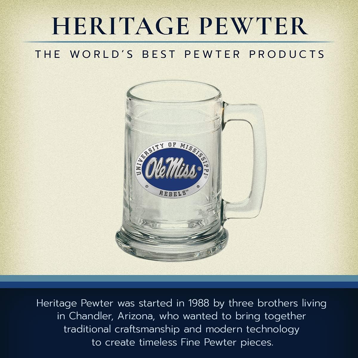 Heritage Pewter Ole Miss Beer Stein Glass | 15 Ounce German-Style Beer Glass | Intricately Crafted Metal Pewter Alma Mater Inlay