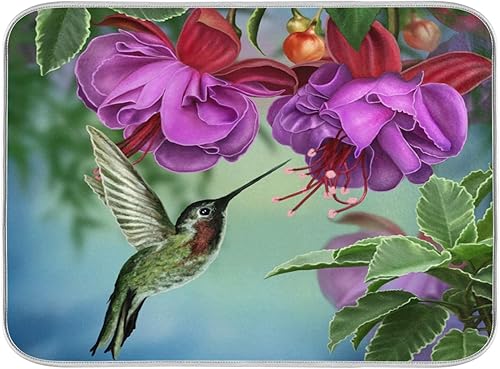 Tapete de secado de platos para cocina, colibrí y flores fucsia, tapete de secado rápido absorbente de secado rápido, lavable a máquina, 16 x 18