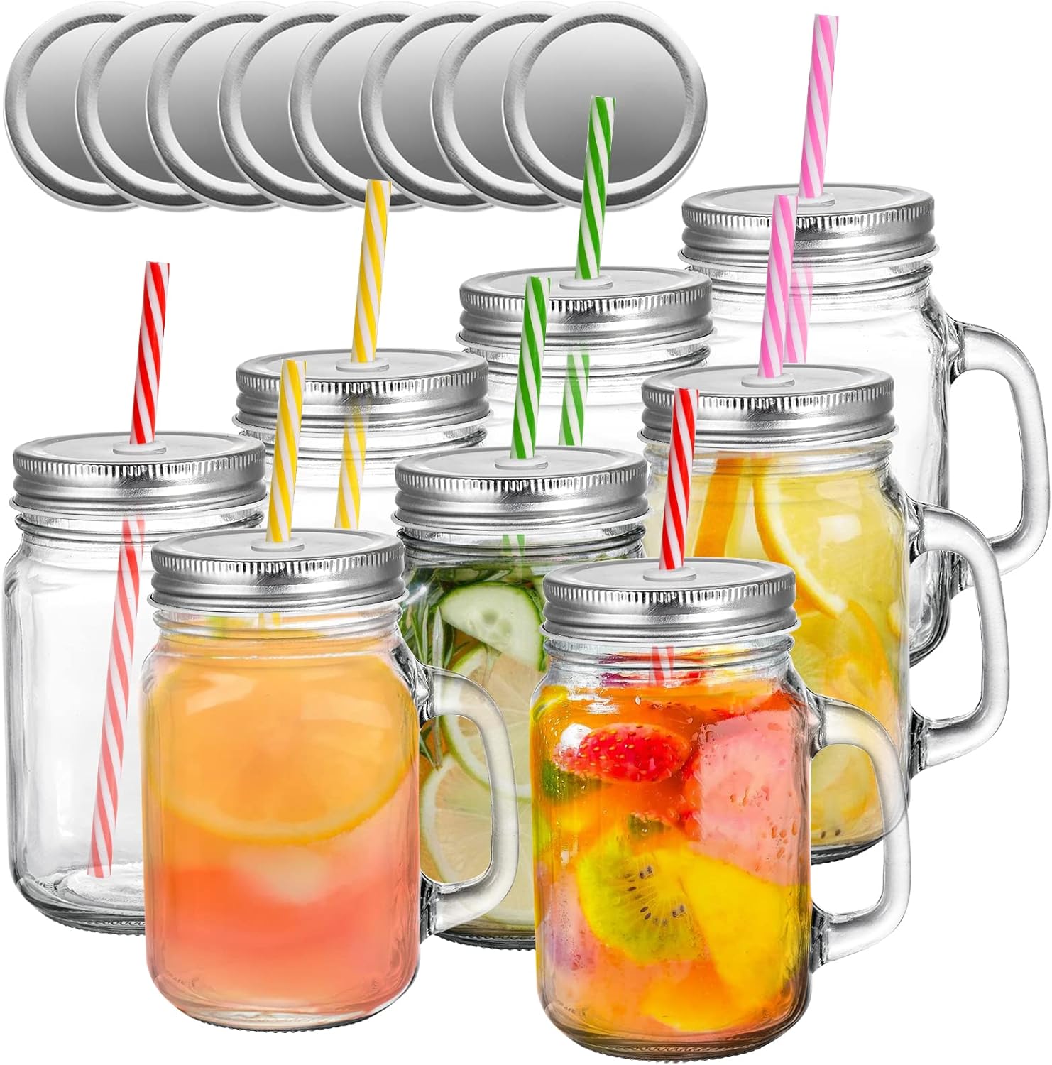 Tosnail 8 Pack 16 oz Glass Mason Jar Mugs with Handle, 16 Tin Lids and
