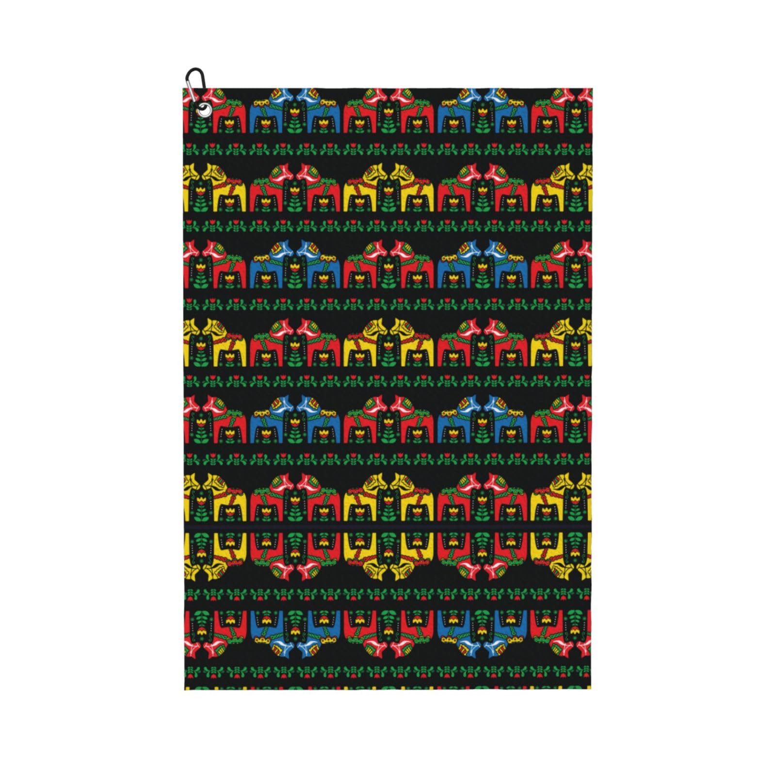 peiyeety Swedish Dala Horse Folk Pattern Microfiber Golf Towel with Carabiner Clip, 16x24 Inch Absorbent Waffle Weave Towel for Golf Bags