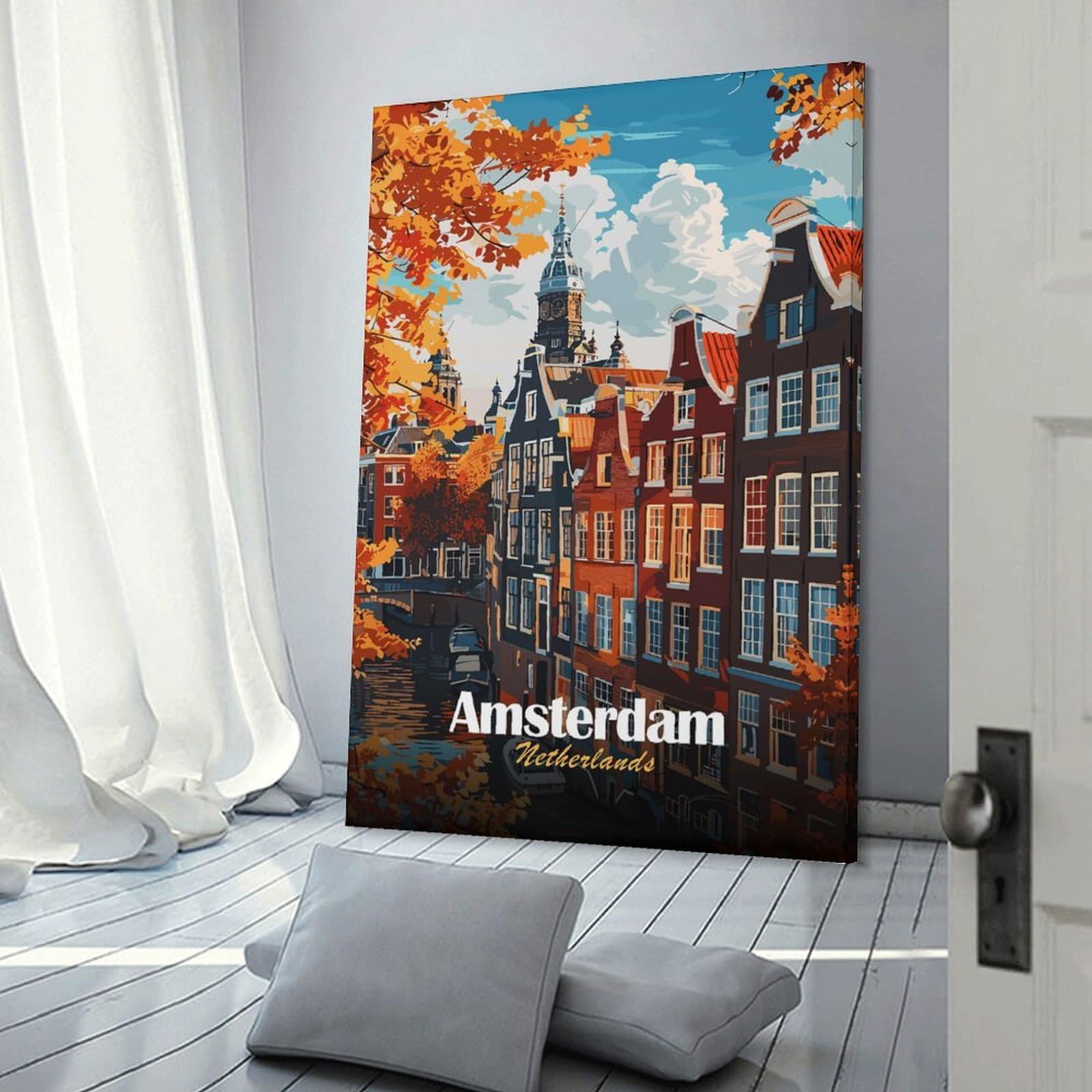Junmoney Amsterdam Netherlands Autumn Cityscape Illustration Hanging Wall Art 20x30inch(50x75cm), for Bedroom Walls, Guest Spaces Or Lounges, Home Artwork with A Soft Interior Feel