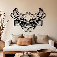 Oxzcimty Japanese Metal Wall Art, Oni Mask Wall Art, Samurai Wall Decor, Metal Wall Decor for Living Room, Bedroom, Bathroom Black,41"x28" / 105x70cm